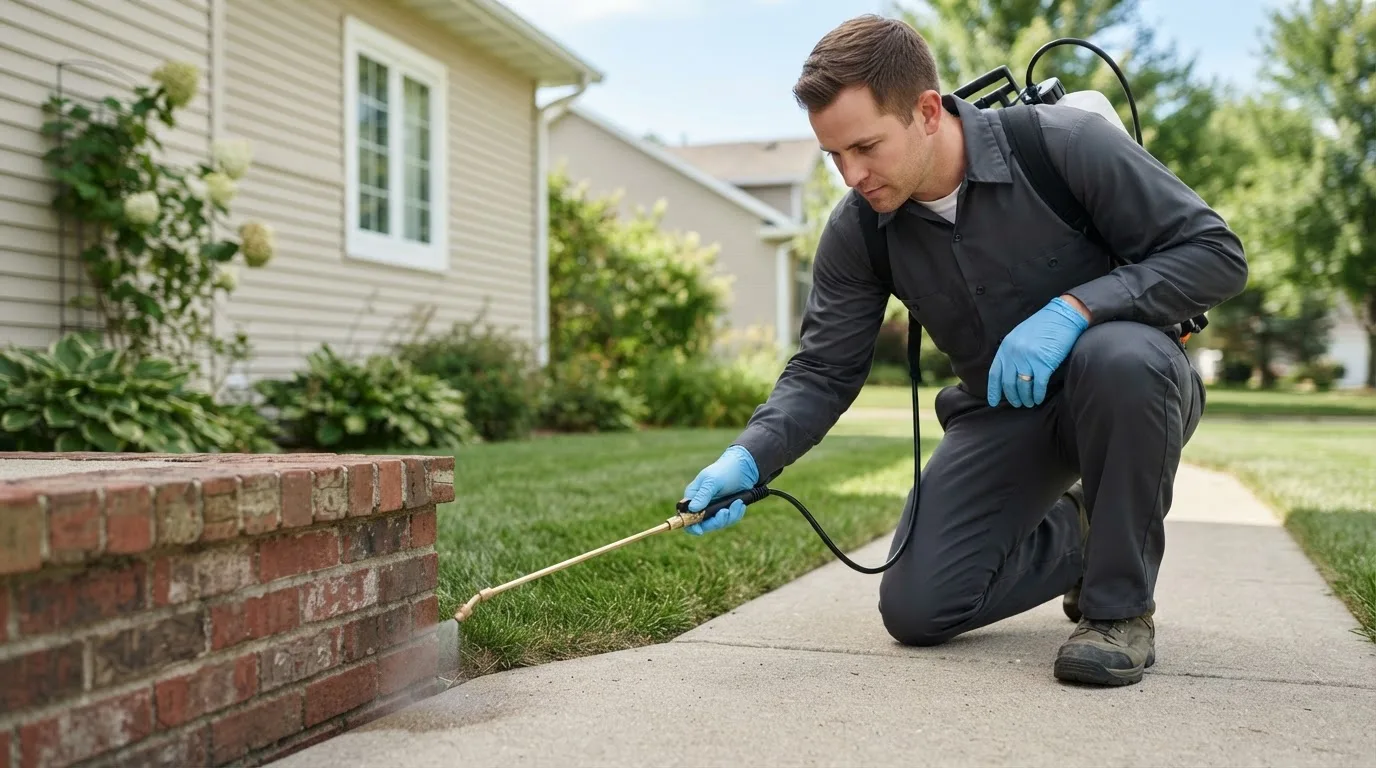 Pest control technician treating a home near Rockford, MN